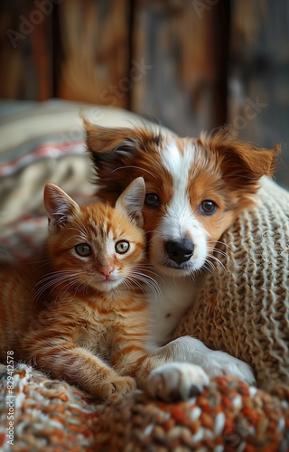 Two best friends, puppy and kitten, pets concept at home