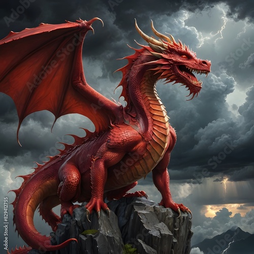 there is a red dragon that is sitting on a rock