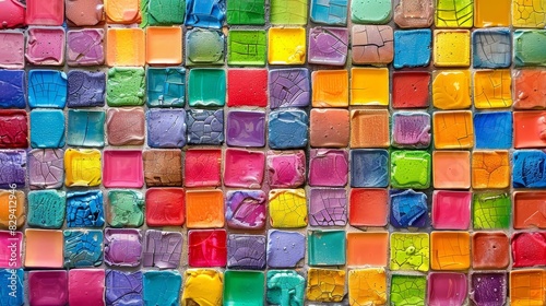 A tight shot of a mosaic wall  comprised of colorful squares varying in shape and size Adjacent squares sport a small pattern of uniformly sized squares