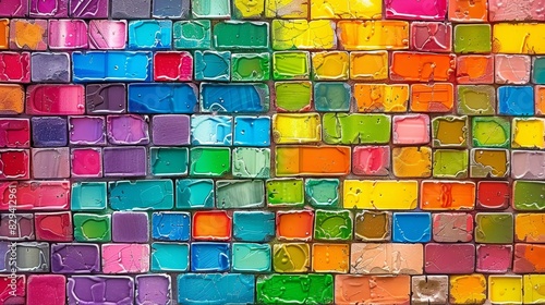  A tight shot of a mosaic-like wall  adorned with blocks of various colored paints Smaller paint splatters dot the wall s edge