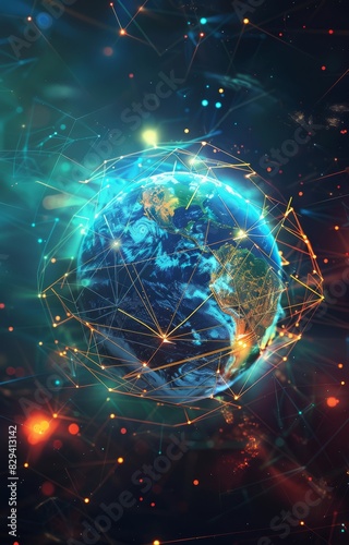 Globe with global connection lines and lights. Worldwide technology concept.