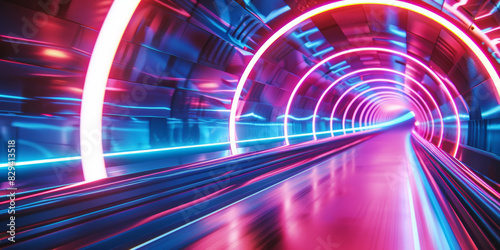 Futuristic Tunnel Illuminated by Neon Pink and Blue Lights with Reflective Surfaces