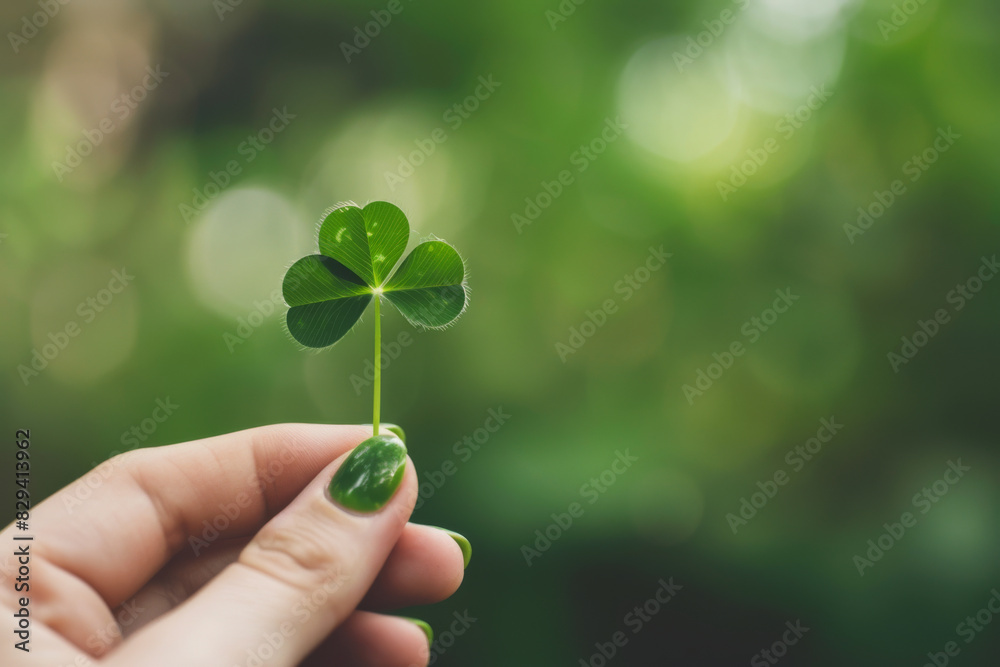 Caucasian Hand Holding a FourLeaf Clover with Blurred Green Background