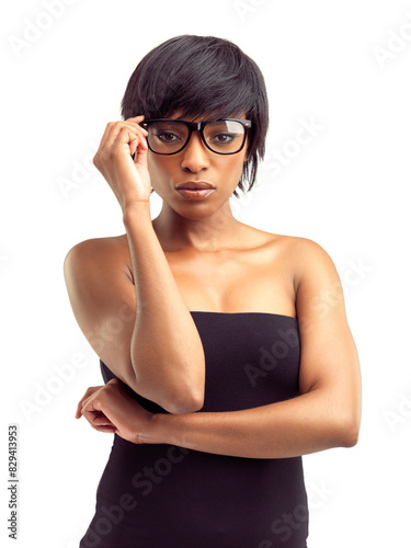 Glasses, fashion and portrait of woman in studio for edgy clothes, eyewear and satisfaction. Face, relax and female person with confidence in accessory for outfit, pride or style on white background