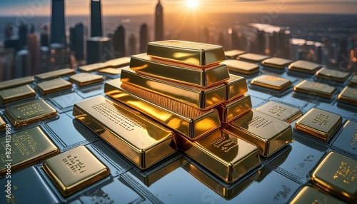 gold graph with sign, street traffic, gold and besqet city bus station gold and bars, car on the roof, gold ingots placed atop an advanced technological financial graph radiating connectivity