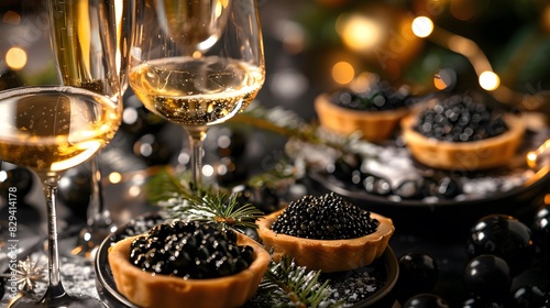 Elegant Celebration Champagne Glasses and Black Caviar Tartlets on a Festive Table 