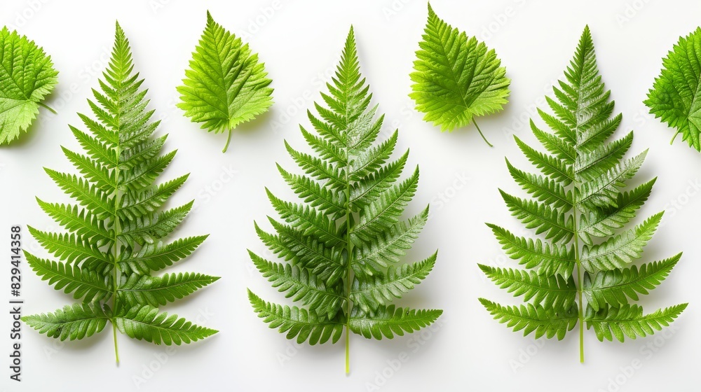 A white surface bears several green leaves One green leaf is situated at the image's center, while another one is located centrally among them A white surface bears several green leaves One green leaf is situated at the image's center, while another one is located centrally among them