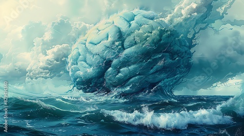 Illustrate a vast ocean intertwined with stormy clouds forming a brain, representing the ebbs and flows of emotions, in watercolor style photo