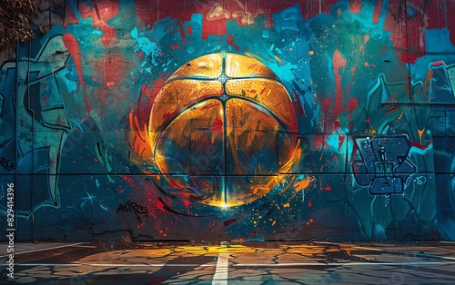 Illustrate a vibrant blend of urban graffiti and sports success, enhanced by creative lighting elements photo