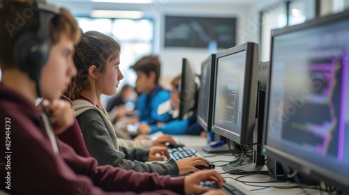 Focused students work on computers in a technology class, coding and developing software as part of their education. AIG41 © Summit Art Creations