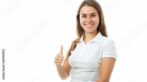 a picture of a woman office worker in a white polo t shirt with a thumbs up created with Generative AI technology