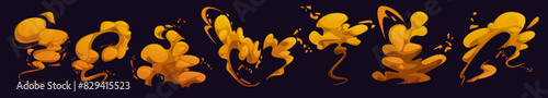 Cartoon brown smoke clouds of different shapes. Vector illustration set of comic style fog or gas in air. Explosion or cigarette sand or dirt steam effect for explode boom animation or game ui design.