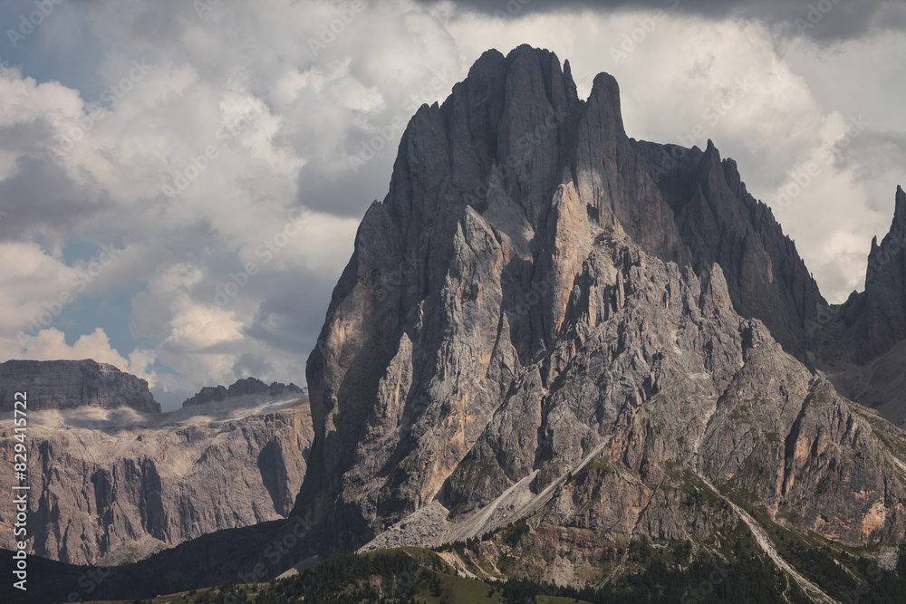 Fototapeta premium The western side of Sasso Lungo from the Alpe di Siusi area in the Dolomites