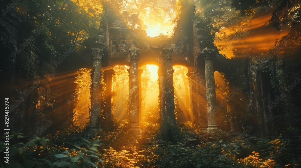 Ancient ruins glowing in sunlight, captured close-up within a dense, mystical forest, portraying an ethereal and peaceful environment Ancient ruins glowing in sunlight, captured close-up within a dense, mystical forest, portraying an ethereal and peaceful environment