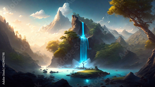 waterfall on a mountain with a small plateau in the middle of the lake and sparkling light photo