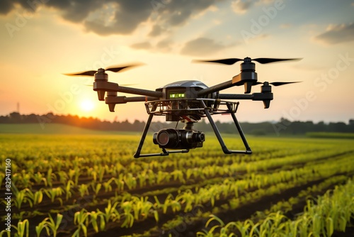 Drone over smart farm, green crops, 50 tech, sunset, productivity focus scene