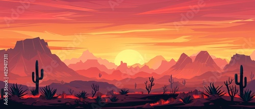 Vector illustration of sunset desert panoramic view with mountains and cactus in flat cartoon style. ai generative