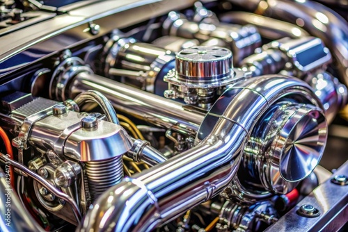 A close-up shot of a high-performance car engine, with polished metallic parts, turbochargers, and intricate wiring, emphasizing power and engineering precision.