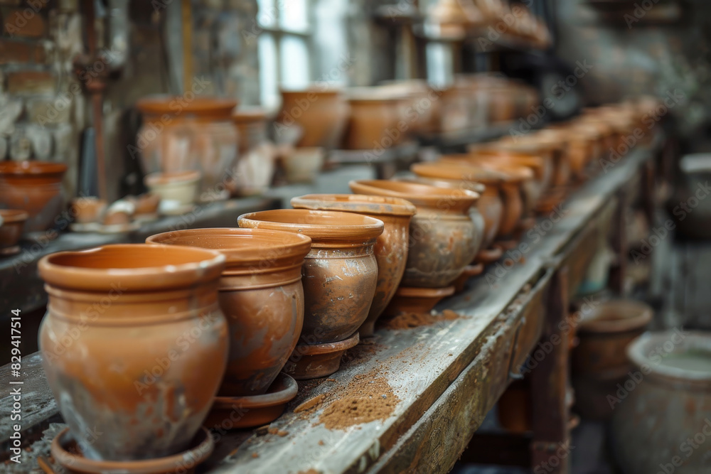 Rustic wooden conveyor belt with handmade clay pots in a pottery workshop
