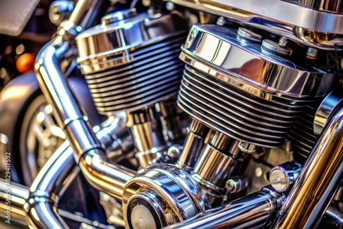 A close-up motorcycle engine, focusing on the exposed parts like the carburetor photo