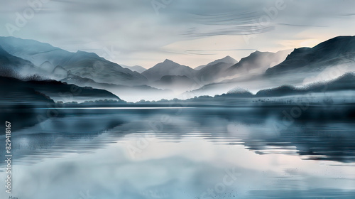 Tranquil scenery of misty mountains mirrored in a serene lake, beneath a soft, pastelcolored early morning sky