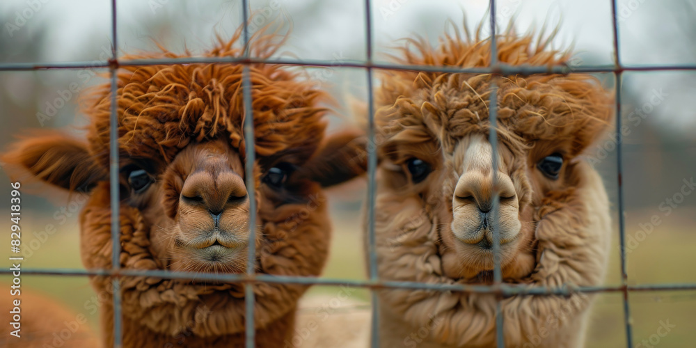 Pair of fluffy alpacas, one with a slightly tilted head, behind a fence Pair of fluffy alpacas, one with a slightly tilted head, behind a fence