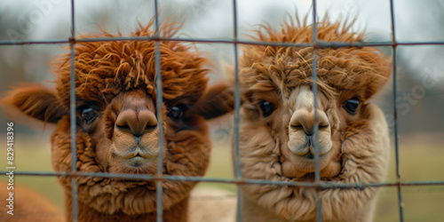 Pair of fluffy alpacas  one with a slightly tilted head  behind a fence