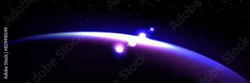 Purple planet and sun eclipse light on space horizon bg. Abstract blue sunrise in starry sky with flare at night. Bright astronomy edge shine view. 3d fantasy solar ray outer realistic effect