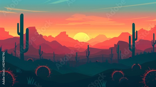 Vector illustration of sunset desert panoramic view with mountains and cactus in flat cartoon style. ai generative