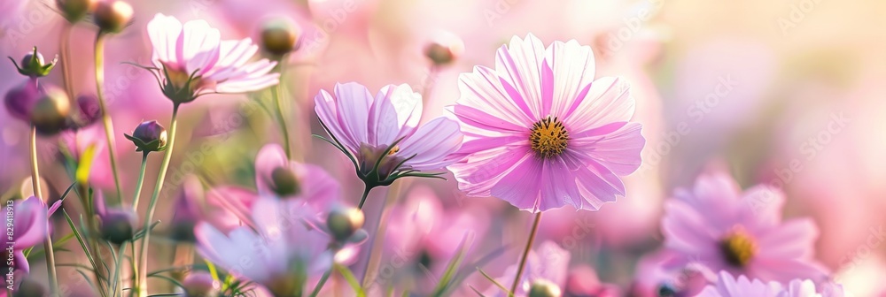 Colorful cosmos flowers blooming in a field