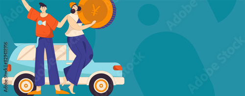 Vector Internet operation hand-drawn illustration of people getting discounts for refueling their cars
