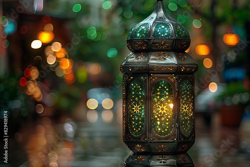 An antique silver emirate lantern with green glitter stars photo