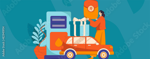 Vector Internet operation hand-drawn illustration of people getting discounts for refueling their cars
