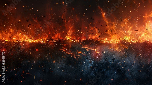  A massive fire with intensely orange and red flames ascending from its top and emitting at its base against a backdrop of a dark, blackened sky