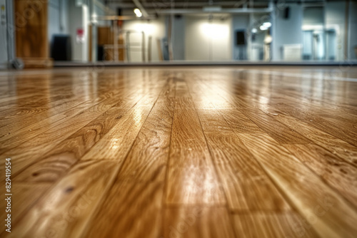 A wooden dance floor in the foreground with a blurred background of a dance studio. The background includes mirrors covering the walls.