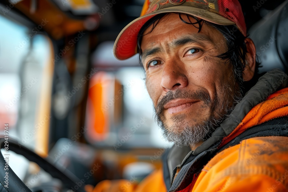 A striking and empowering photograph of garbage truck driver in full body. created with Generative AI technology A striking and empowering photograph of garbage truck driver in full body. created with Generative AI technology