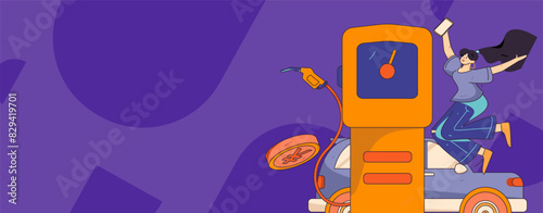 Vector Internet operation hand-drawn illustration of people getting discounts for refueling their cars

