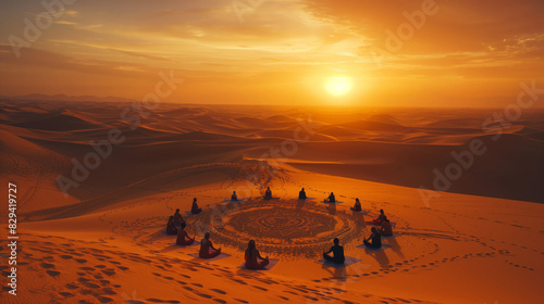 Perfect photo  stock photo style  A desert yoga retreat with participants forming intricate patterns on vast sand dunes at dawn 