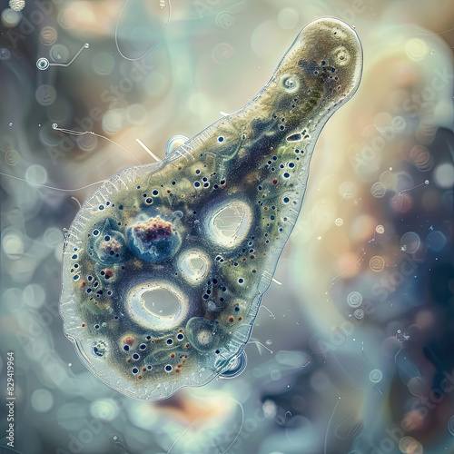 Amorphous amoeba with extended pseudopodia floating in a pond, surrounded by microscopic plant life.