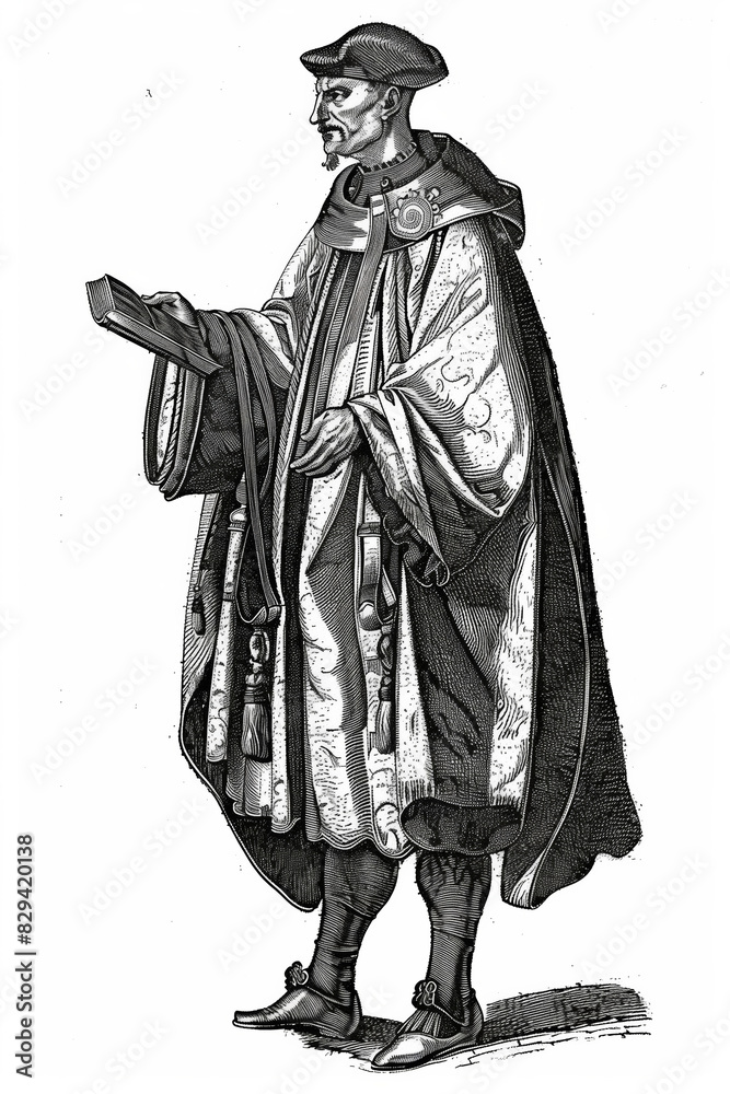 engraving of costume of man 15 century isolated on white background 