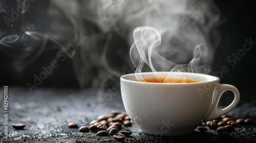 Freshly brewed coffee in a white cup  steam rising  on a black background 