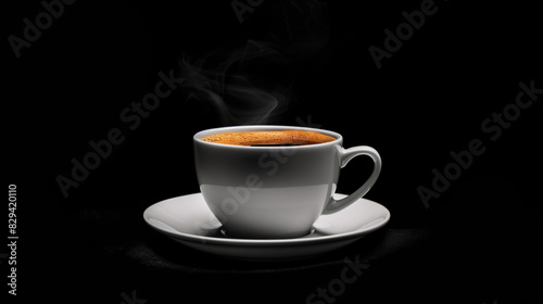 Freshly brewed coffee in a white cup, steam rising, on a black background 