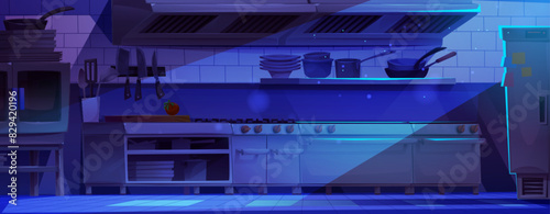 Restaurant kitchen interior at night. Cartoon vector empty dark evening cuisine with furniture, equipment and utensils under moonlight rays. Clean chef commercial workspace for food cooking.