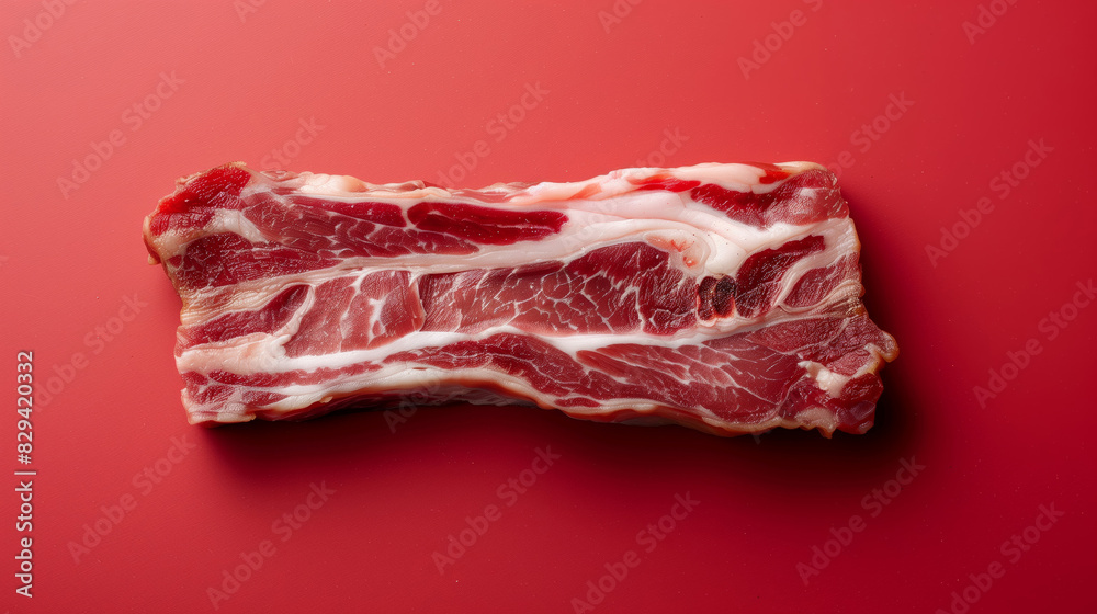 A single piece of bacon, raw and marbled, isolated on red background A single piece of bacon, raw and marbled, isolated on red background