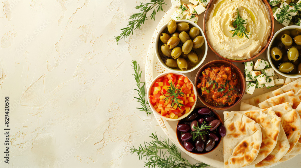 Greek mezze platter with olives, feta, hummus, and pita bread, space for text on top on ivory background 