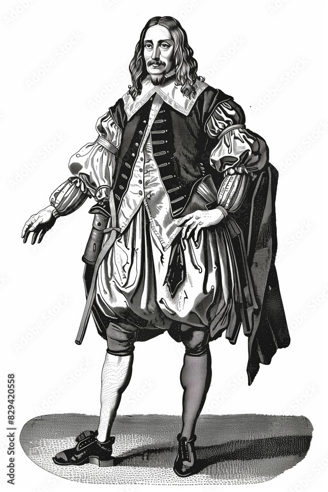 engraving of costume of man 17 century isolated on white background engraving of costume of man 17 century isolated on white background