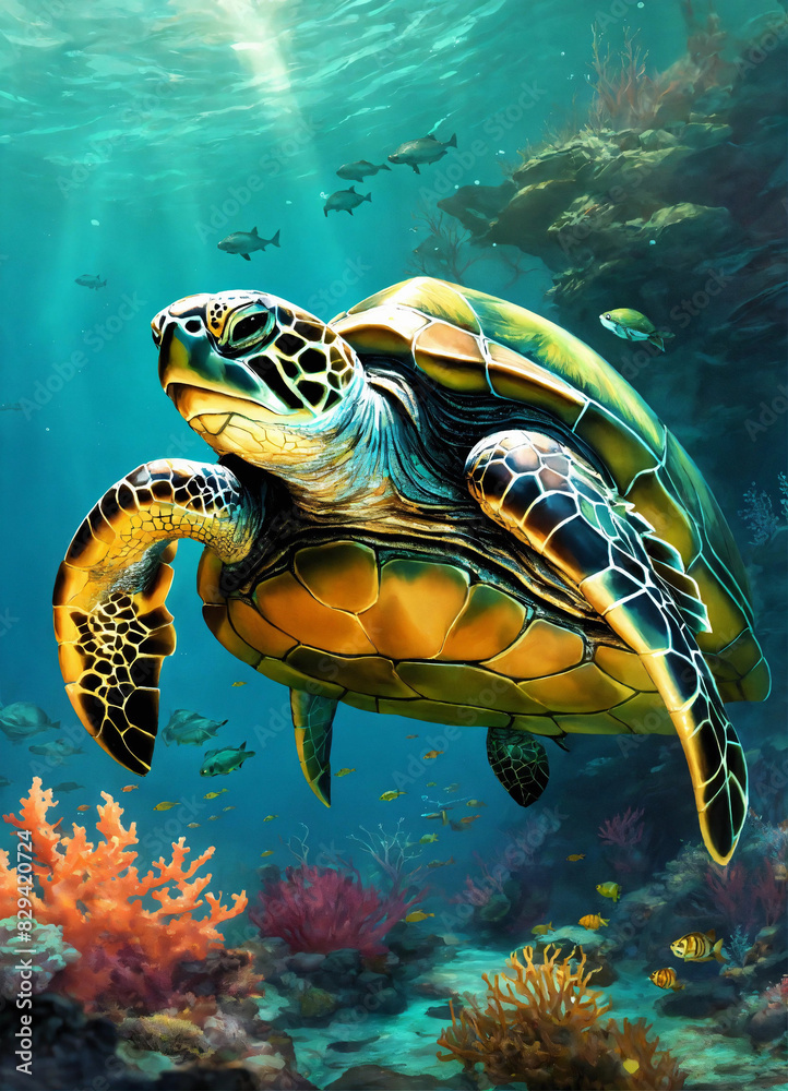 Obraz premium Sea Turtle Splashing in Ocean Waters - Underwater Wildlife Photography