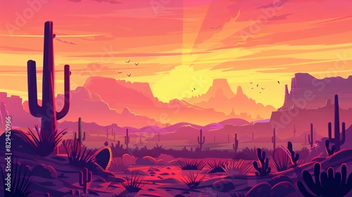 Illustration of sunset desert landscape. view with mountains and cactus in flat style. AI Generative