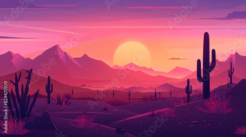 Illustration of sunset desert landscape. view with mountains and cactus in flat style. AI Generative