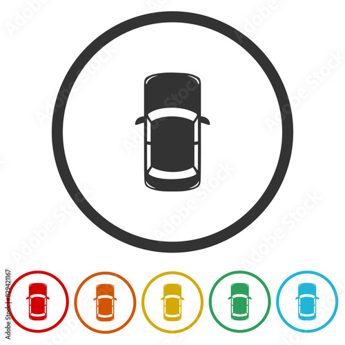 Top view simple car icon. Set icons in color circle buttons